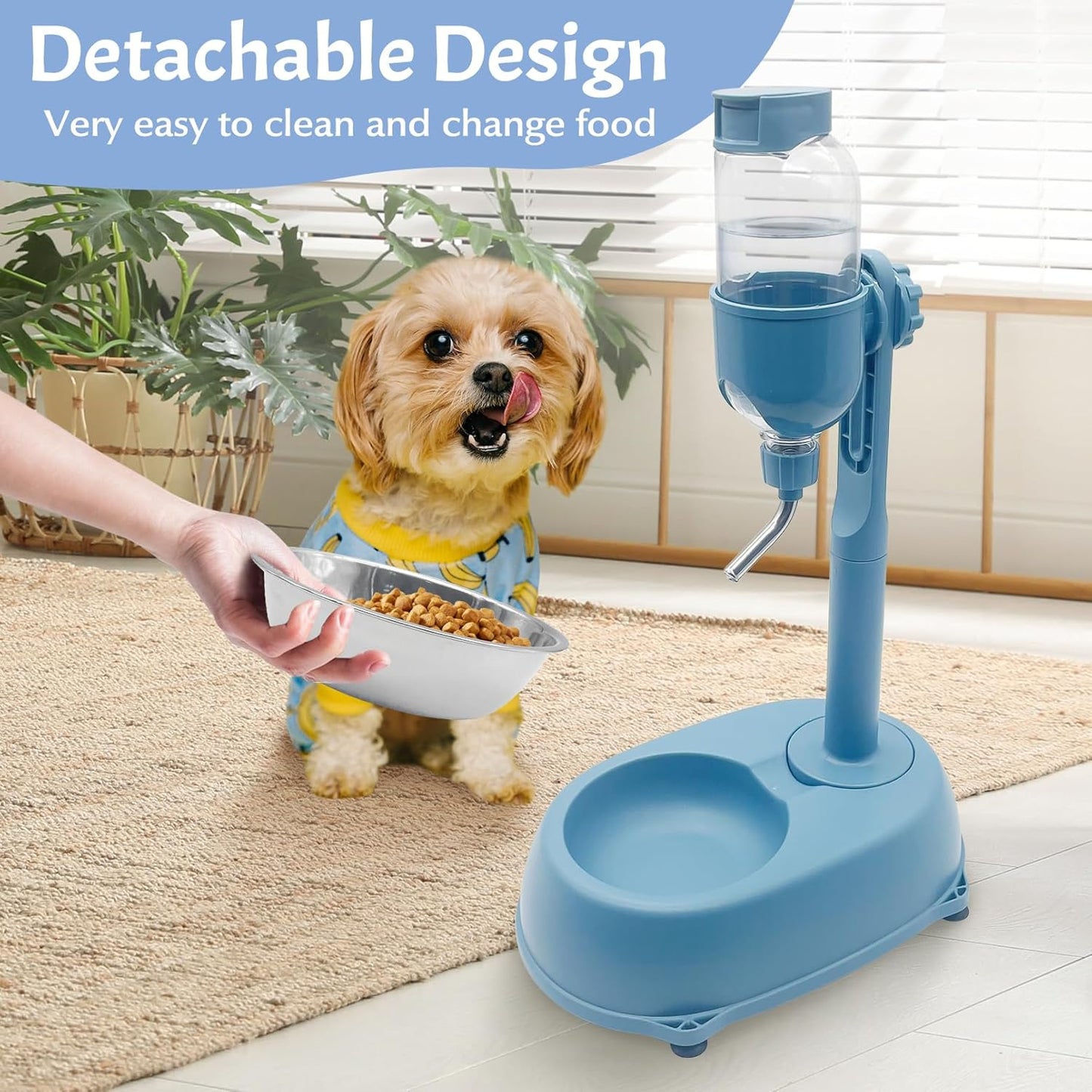 Fhiny Dog Water Feeder Bottle with Stand, Dispenser Automatic Water Food Bowl for Cage No-Drip Leak-Proof Adjustable Raised Pet Slow Water Bottle Dog Kennel Durable Drinker (Blue, 17oz)