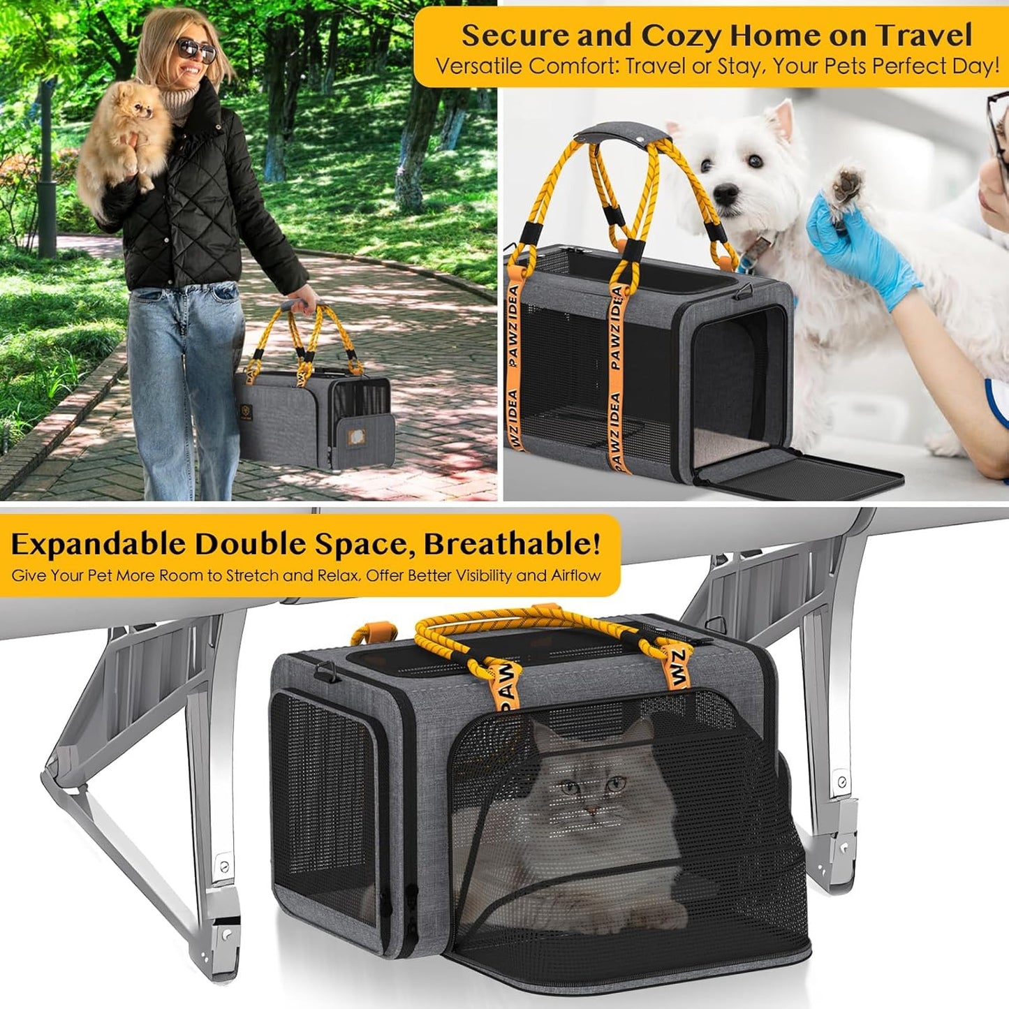 PAWZIDEA Expandable Pet Carrier w/ID Card, 18x11x11 in Small Dog Carrier TSA Airline Approved, Top Load Cat Carrier for 2 Cats Under Seat, Soft-Sided Collapsible Puppy Car Seat Dog Travel Bag, Up 15lb