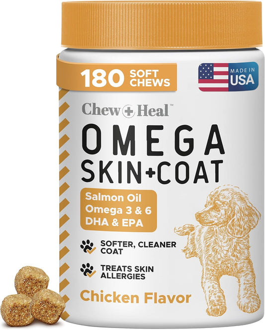 Salmon Oil for Dogs - 180 Soft Chew Omega Treats for Skin and Coat - Fish Oil Blend of Essential Fatty Acids, Omega 3 and 6, Vitamins, Antioxidants and Minerals - Made in USA