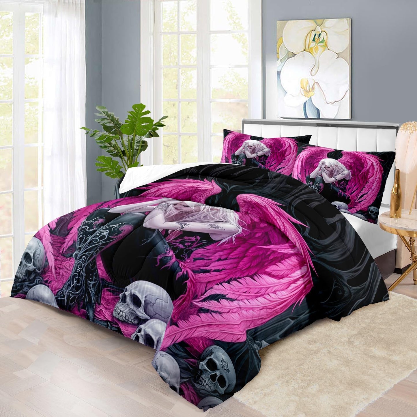 Gothic Skull Comforter Set King for Adults,Angel Wings Bedding Set Pink for Girls,Sexy Angel Comforter Bedroom Decor Teen,Gothic Skull Bedding Decor Pink Wings Quilt