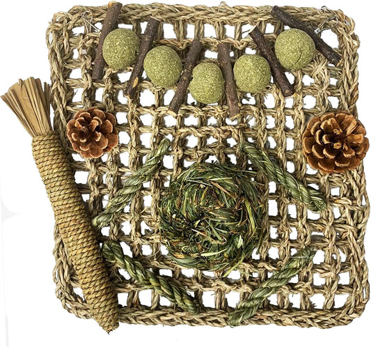 Hamiledyi Rabbit Seagrass Mat Bunny Chew Toys for Teeth Hanging Activity Mat Rabbit Enrichment Activity Mat Small Animal Toys for Hamster Guinea Pigs Gerbil Birds