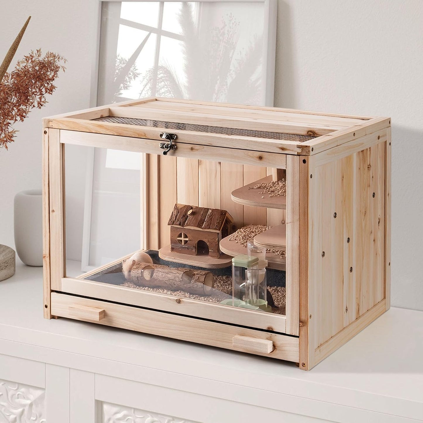 Wooden Hamster Cage, Animal Cabinet for Dwarf Syrian Hamsters Transparent Hamster Cage, Small Animal Cage, Suitable Guinea Pig,Rodents, Hamster Habitats Enclosure, Habitats with Ladder