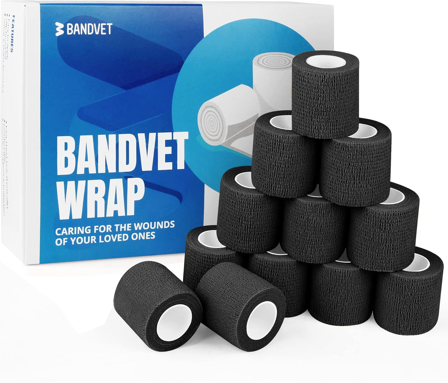 Self Adhesive Bandage Wrap - Pack of 12 Black Color, Non-Woven, Breathable & Water-Resistant Vet Wrap for First Aid, Sports Injury, Body Sprains, & Pets - 2 Inch x 5 Yards