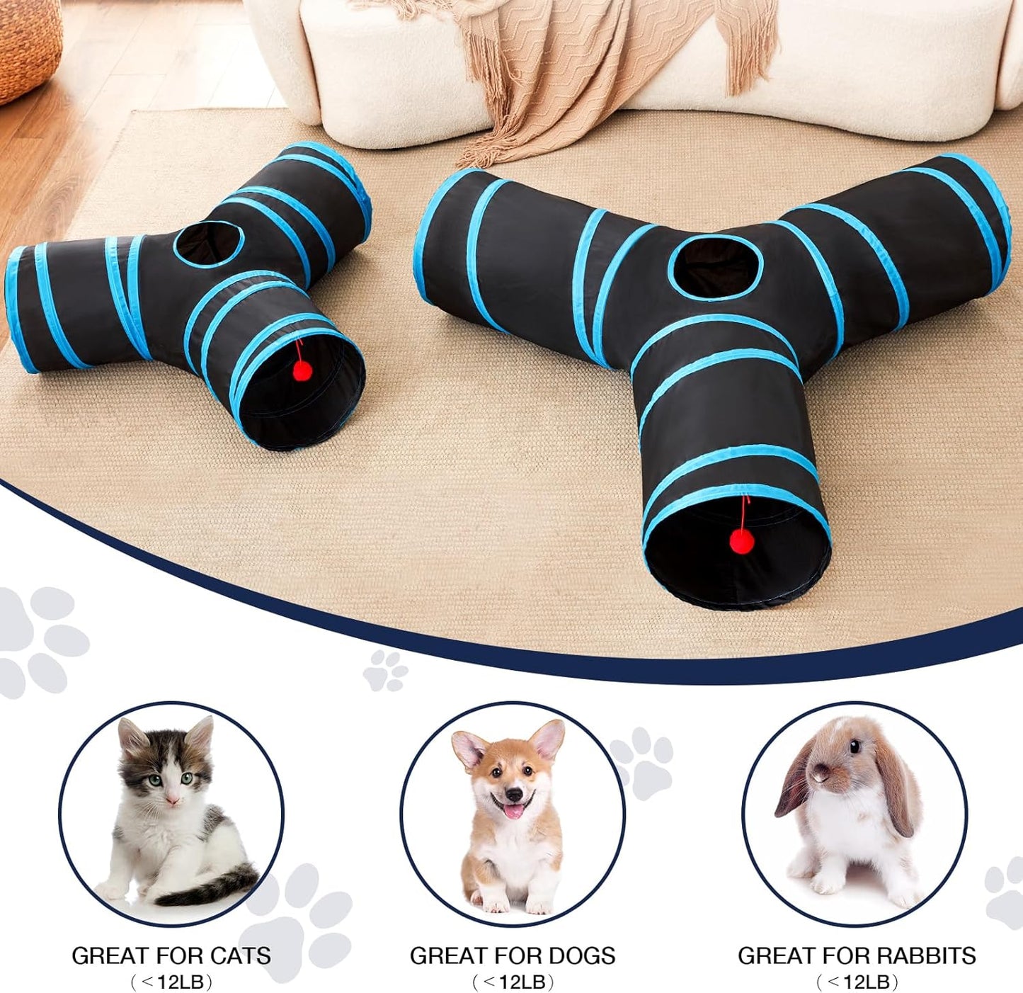 Tempcore 3-Way Collapsible Cat Tube Toys, Indoor Cat Tunnels with Peek Hole Toy Ball, Large Size
