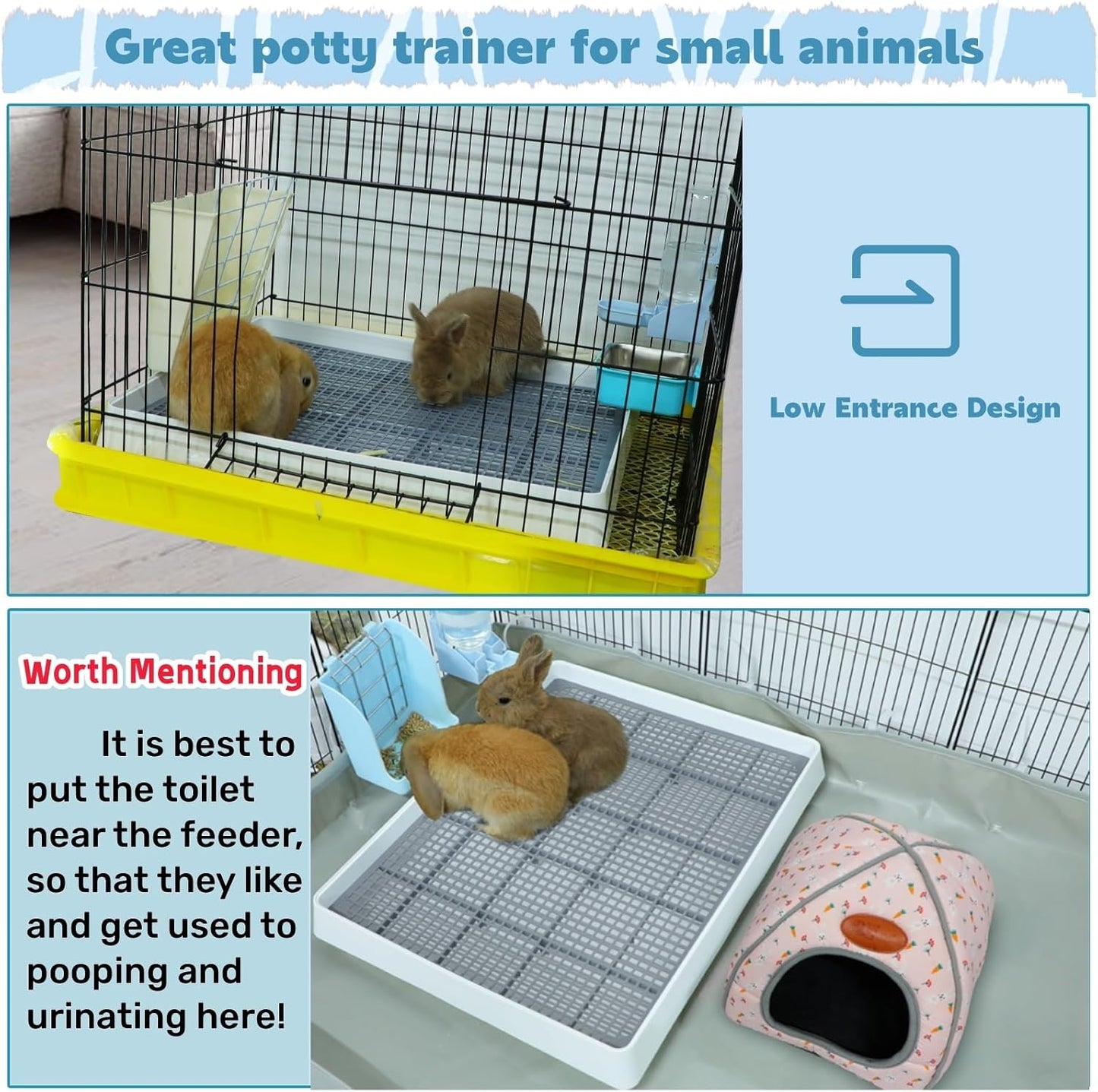 FHTONGE Extra Large Rabbit Litter Box Trainer Tray, Bunny Potty Training Litter Box for Cage,Rectangular Rabbits Litter Pan Pet Toilet with Grid for Squirrel Guinea Pig Rat Chinchilla Hedgehog Hamster