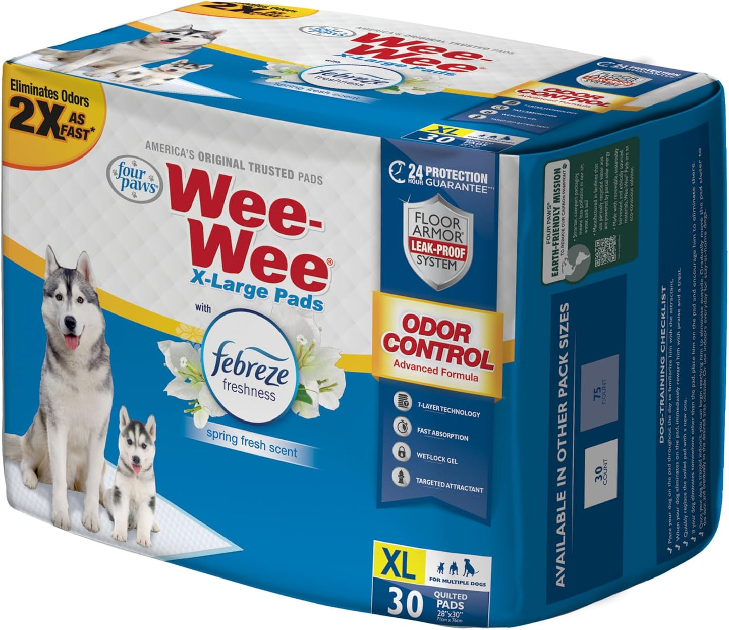 Four Paws Wee-Wee Odor Control with Febreze Freshness Pee Pads for Dogs & Puppies, Leak-Proof Dog Housebreaking Potty Training Floor Protection, Spring Fresh Scent, 28" x 30", 30 Count
