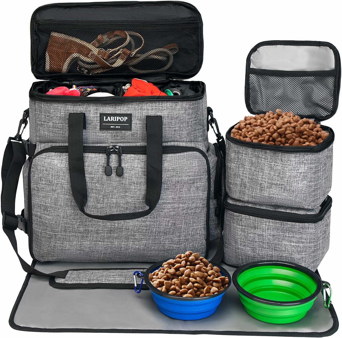 Dog Travel Bag,Weekend Pet Travel Bag Set for Dog and Cat,Airline Approved Tote Multi-Function Dog Bags for Traveling,Include 2 Collapsible Bowls,2 Food Storage Containers,1 Feeding Mat,Gray