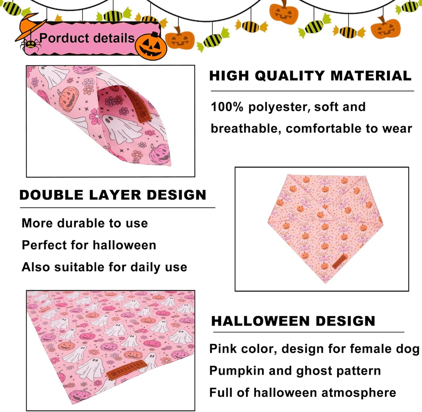 ADOGGYGO Halloween Dog Bandana, Pink Pumpkin Ghost Scarf, Adjustable Fit Female Halloween Bandanas for Medium Large Dogs Pets (Large)