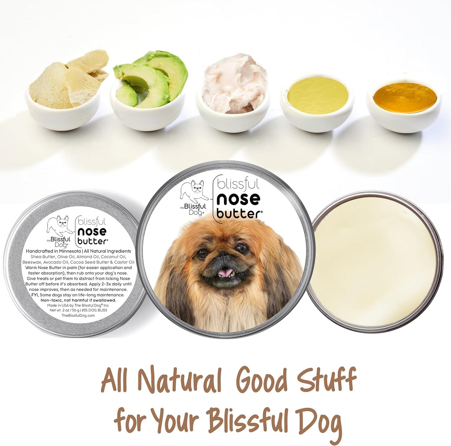 The Blissful Dog Pekingese Nose Butter for Dry, Cracked Skin, Lick-Safe Dog Nose Balm with Moisturizing Shea Butter, Almond, Olive, and Essential Oils, Pet Supplies, Uncented, 8 oz.