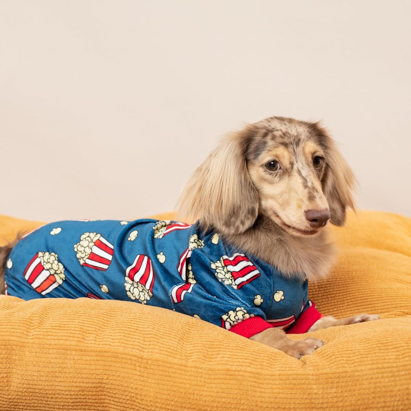 Fitwarm Popcorn Dog Pajamas, Funny Dog Clothes for Small Dogs Boy Girl, Fleece Pet Onesie with Feet, Blue, Red, White, Yellow, Small