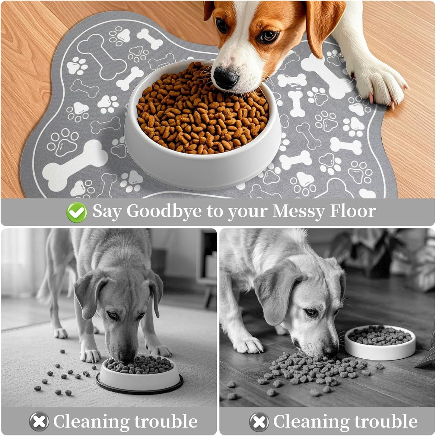 Dog & Cat Food Mat Bone Shaped Pet Feeding Mat Quick Absorb Water Bowl Placemat with Rubber Backing Indoor Floor Stain Resistant Pet Accessory Supplies (Grey, 16x24 Inches)