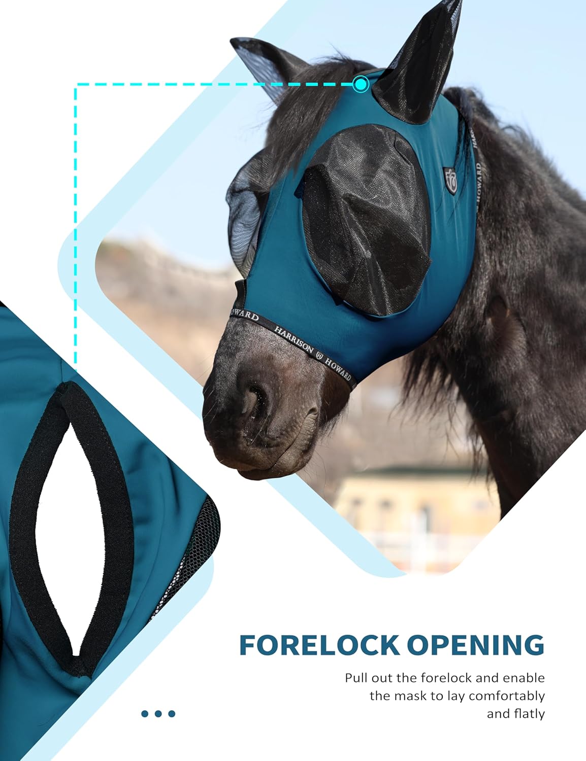 Harrison Howard Horse Fly Mask with Forelock Opening Stretch Breathable and Comfortable for Horses UV -Protection Peacock Blue L