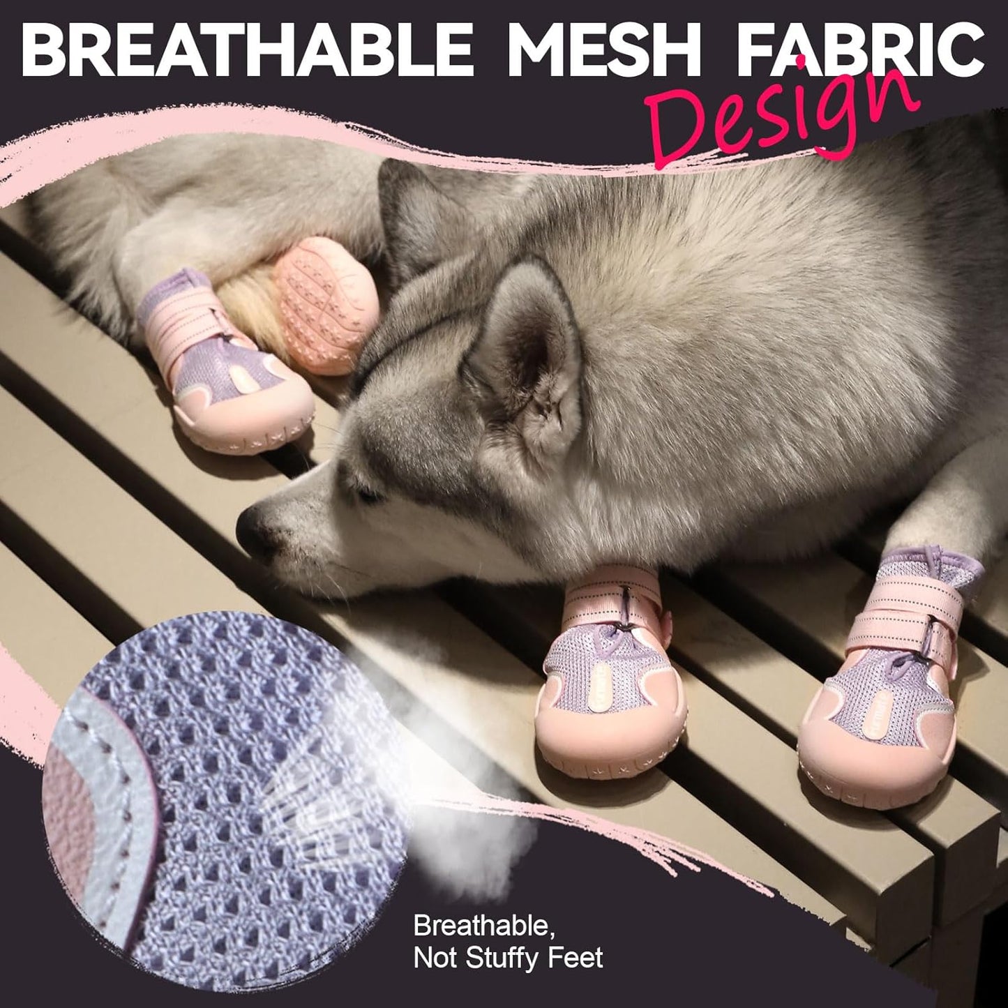 Dog Shoes for Large Small Medium Dogs, Breathable Mesh Dog Boots & Paw Protectors for Summer Hot Pavement Winter Snow, Waterproof Anti-Slip Dog Booties for Hiking Hardwood Floors(Pink-Purple4)