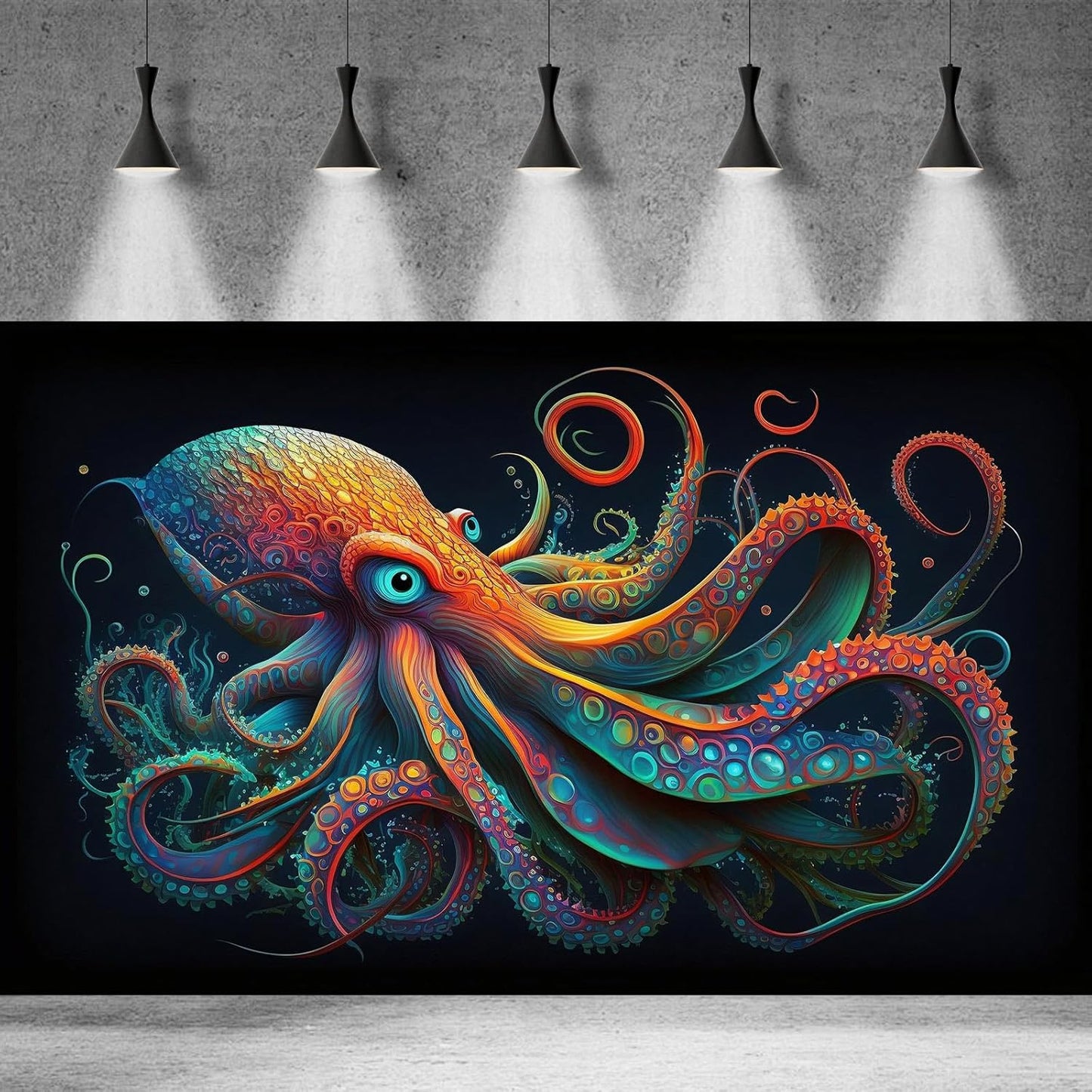 Octopus Aquarium Background Abstract Colorful Octopus Terrarium Background Glowing Octopus on Black Background Fish Tank Backdrop Poster Wallpaper Decorations Vinyl 30x12in
