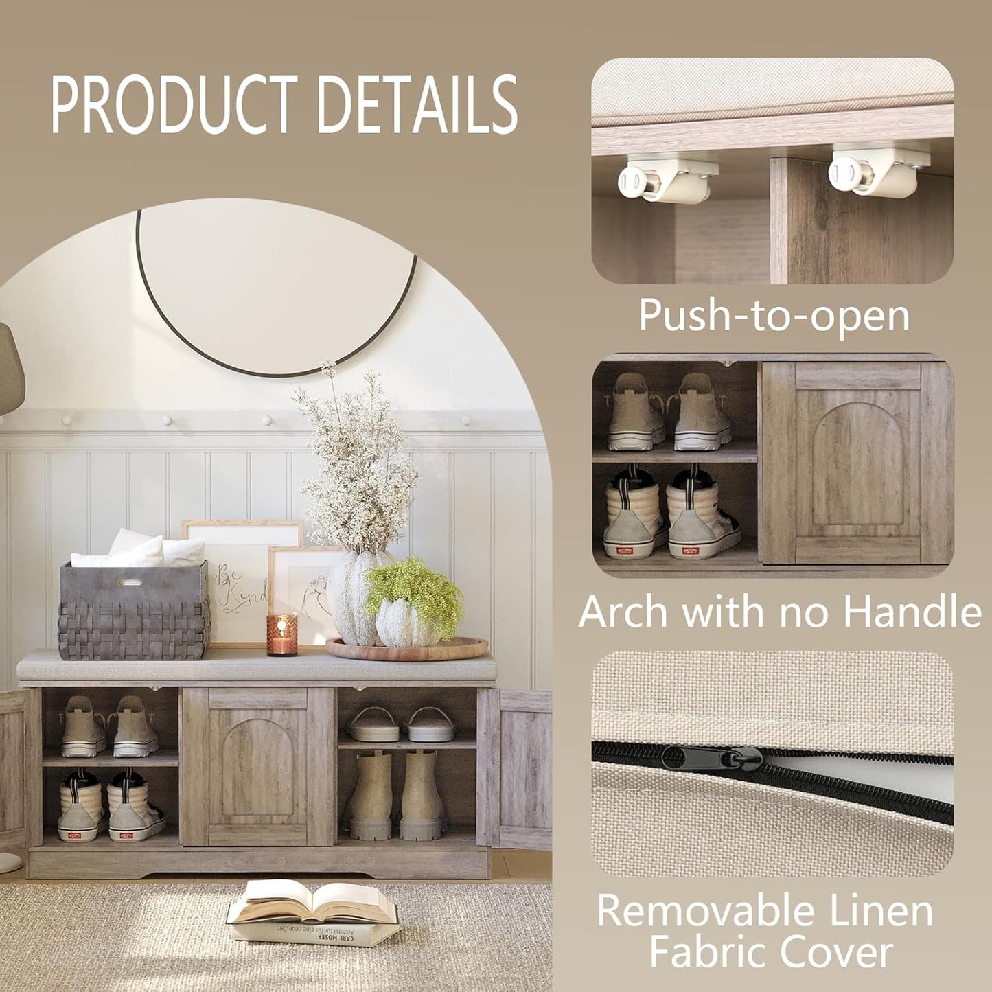 DINZI LVJ Shoe Bench, Entryway Storage Bench with Doors, Cushion, 2-Tier Shoe Rack with 6-Cubby, 39.4”L x 13.8”W Shoe Organizer Cabinet, Adjustable Shelf, Living Room, Bedroom, Greige