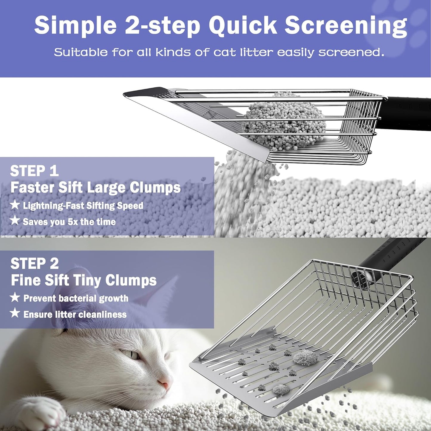 Cat Litter Scooper with Holder, Metal Litter Scoop Includes Portable Small Broom and Dustpan Set, Heavy Duty Stainless Steel Litter Scoop with Coarse and Fine Grid, Quick Sift and Easy Clean