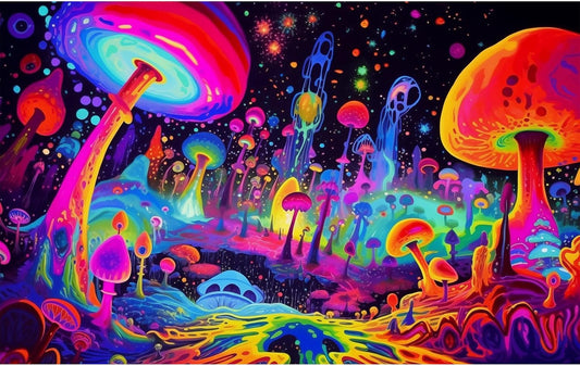 Fantasy Mushrooms Aquarium Background Abstract Mysterious Mushroom Landscape Terrarium Background Amazing Rainbow Mushrooms Theme Fish Tank Backdrop Poster Wallpaper Decorations Vinyl 48x24in