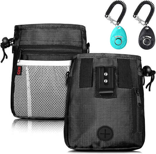 Dog Treat Pouch - 3 Ways to Wear Treat Pouches for Pet Training and 2 Pieces Clicker Taining for Dogs, Dog Training Treat Pouch Bag and Dog Clicker for Training with Waist Belt Shoulder Strap - Black