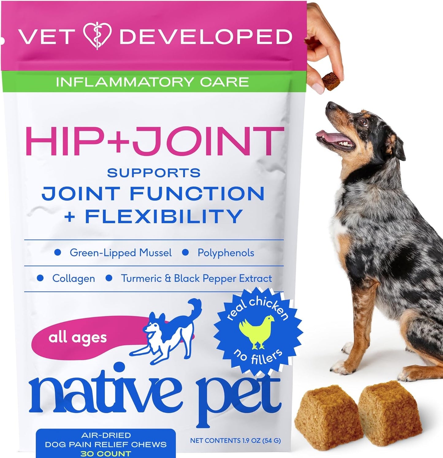 Native Pet Pain Relief for Dogs - Collagen for Dogs Promotes Joint Health, Reduce Inflammation & Stiffness - Senior Pup Joint Supplement - Natural Pain Reliever for Active & Aging Pets - 30 Chews