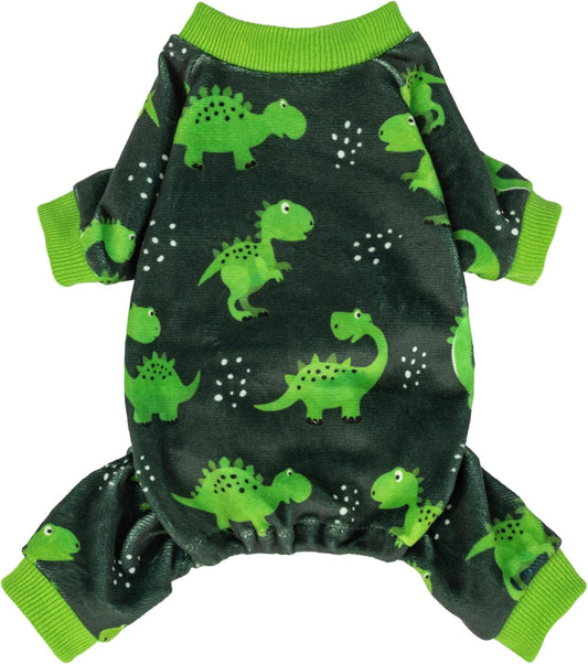 Fitwarm Dinosaur Dog Fleece Pajamas, Warm Clothes for Small Dogs Boy, Cozy Pet Onesie with Feet, Dark Green, Bright Green, XL
