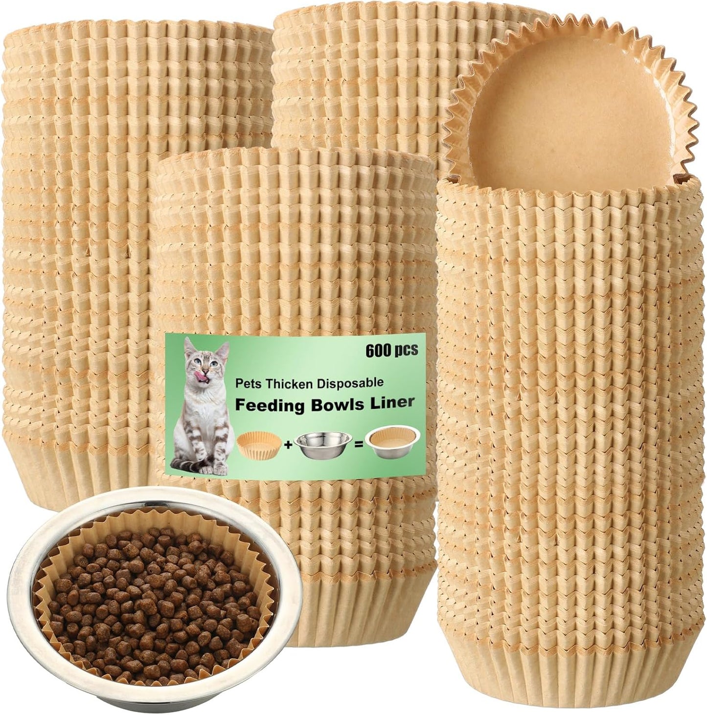meekoo 600 Pcs Large Pet Disposable Feeding Bowls Liner Bulk Cat Food Bowls Small Paper Dish Paper Liner for Small Dogs Cats Dish Wet Food Feeding Station(Kraft Brown,Classic)