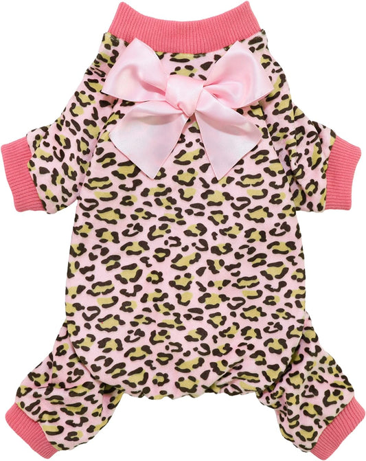 Fitwarm Leopard Dog Pajamas, Fleece Dog Clothes for Small Dogs Girl with Legs, Pet Onesie, Cat Outfit, Pink, XXL
