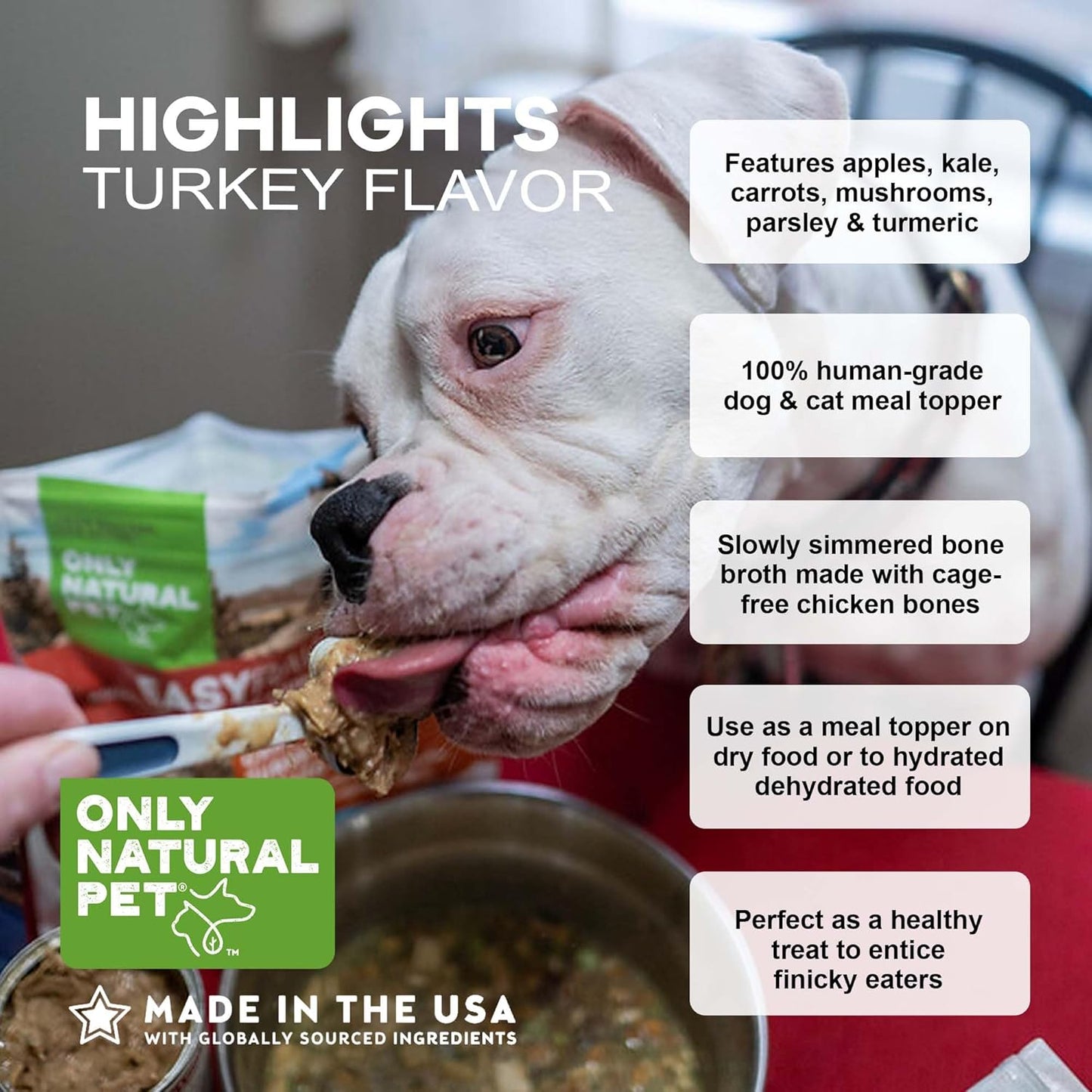 Only Natural Pet Bone Broth Turkey Flavor Dog & Cat Meal Topper, 100% Human-Grade Slow-Simmered, Free-Range for Dry Food or to Hydrate Dehydrated Food - (2-Pack / 11.16 oz Each)