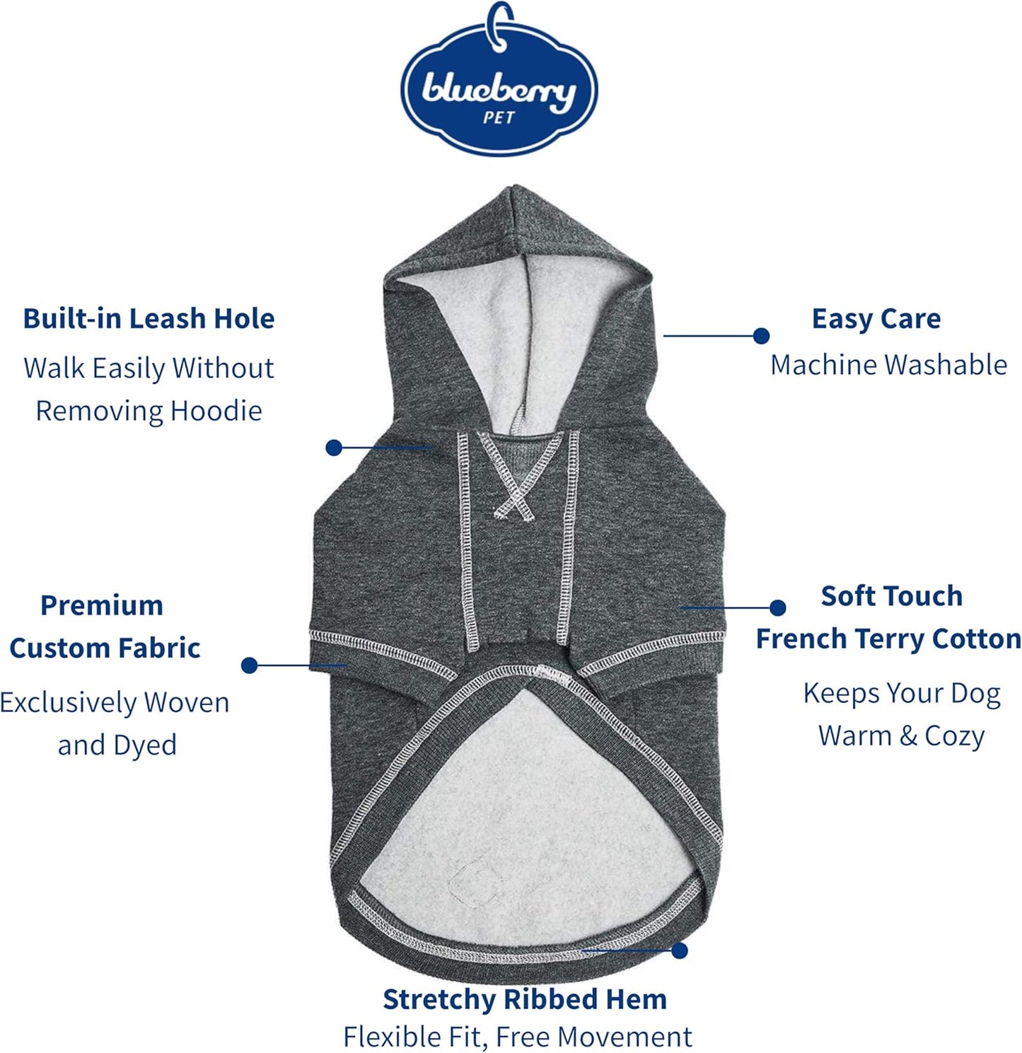 Blueberry Pet Essentials Dog Hoodie – 12 inch, Cotton‑Blend Sweatshirt with Hood, Charcoal Grey, Machine‑Washable Small‑Dog Jersey