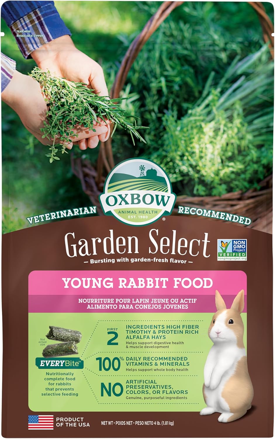 Oxbow Garden Select Rabbit Food, Young, Made Alfalfa for Rabbit, Bunny Food Pellets, Non-GMO, No Soy or Wheat, Small Animal Pet Products, Made in USA, High Fiber, 4 lb. Bag