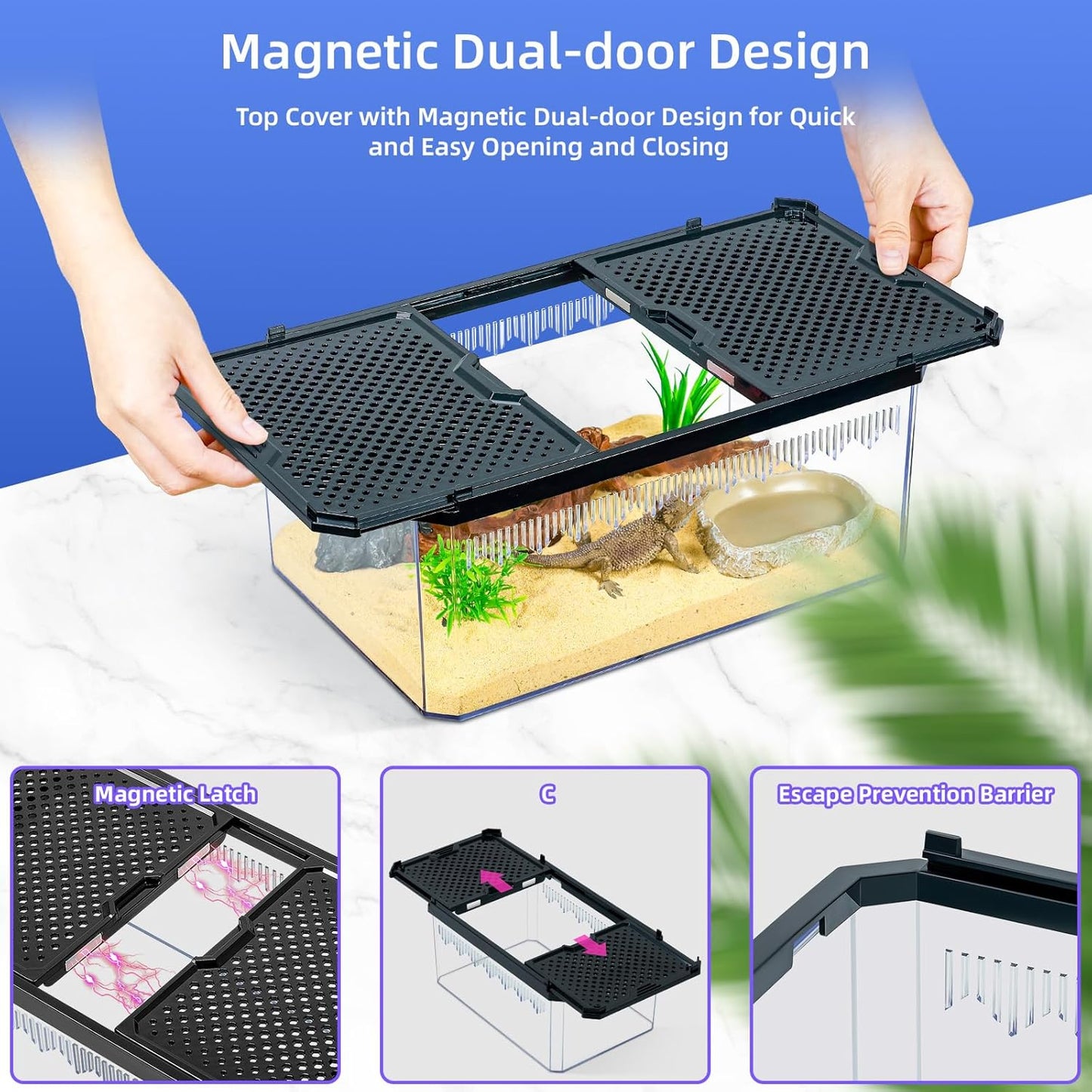 High-Transparency Reptile & Insect Enclosure Terrarium with Magnetic Door, Excellent Ventilation, Easy Cleaning, and Strong, Long-Lasting Build for Gecko, Tarantula, Hermit Crab (9.3x6.2x4.6 Inch)