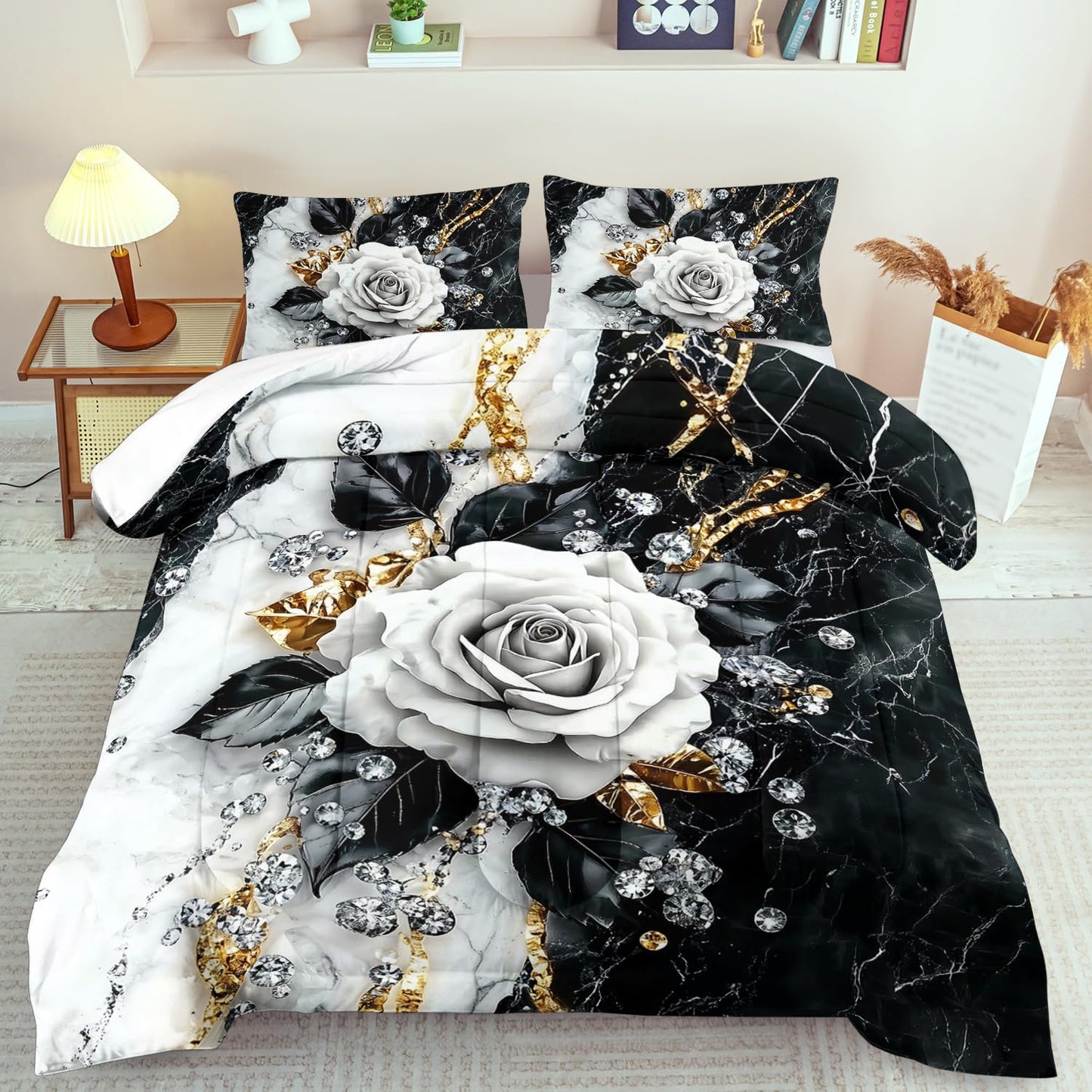 Marble Floral Comforter Set for Twin Bed Women,Vintage Flower Bedding Set Twin,White and Black Comforter Rose Quilt for Girls,Rose Bedding Floral Bedroom Decor Adults
