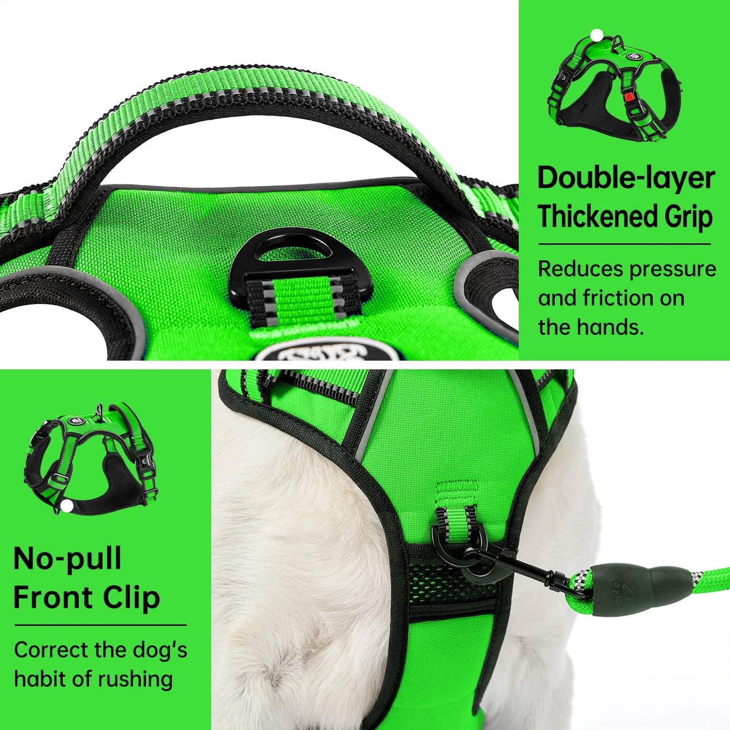 IVY&LANE No Pull Dog Harness for Medium Dogs, Dog Vest Harness with Leash, Safety Belt and Storage Strap, Fully Adjustable Harness, 360° Reflective Strip, Soft Handle (Green,M)