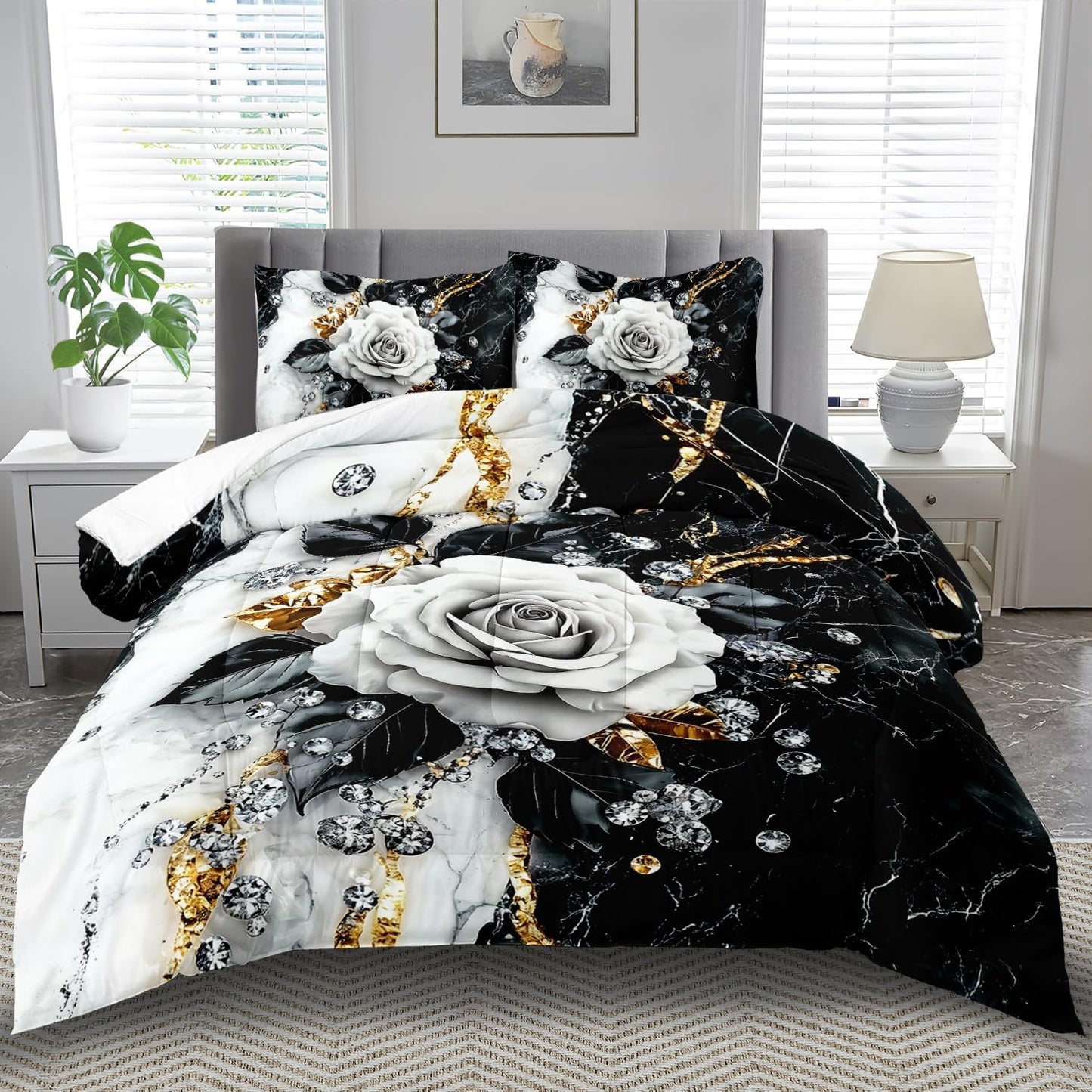 Marble Floral Comforter Set for Full Bed Women,Vintage Flower Bedding Set Full,White and Black Comforter Rose Quilt for Girls,Rose Bedding Floral Bedroom Decor Adults