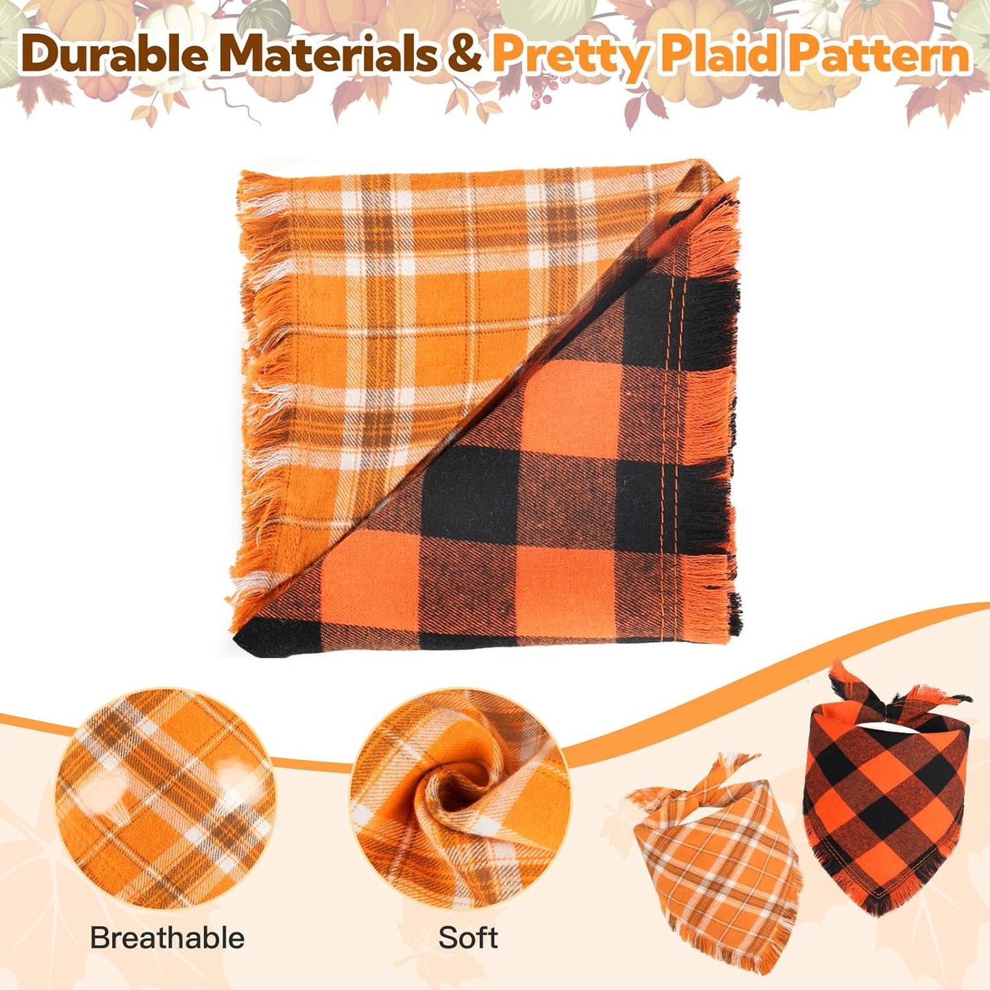 Kytely Dog Bandana Fall XLarge 2Pack, Halloween Autumn Dog Bandanas, Orange Plaid Pet Scarf for Boy and Girl, Holiday Bandana Reversible Triangle Bibs Accessories for Dogs Pets