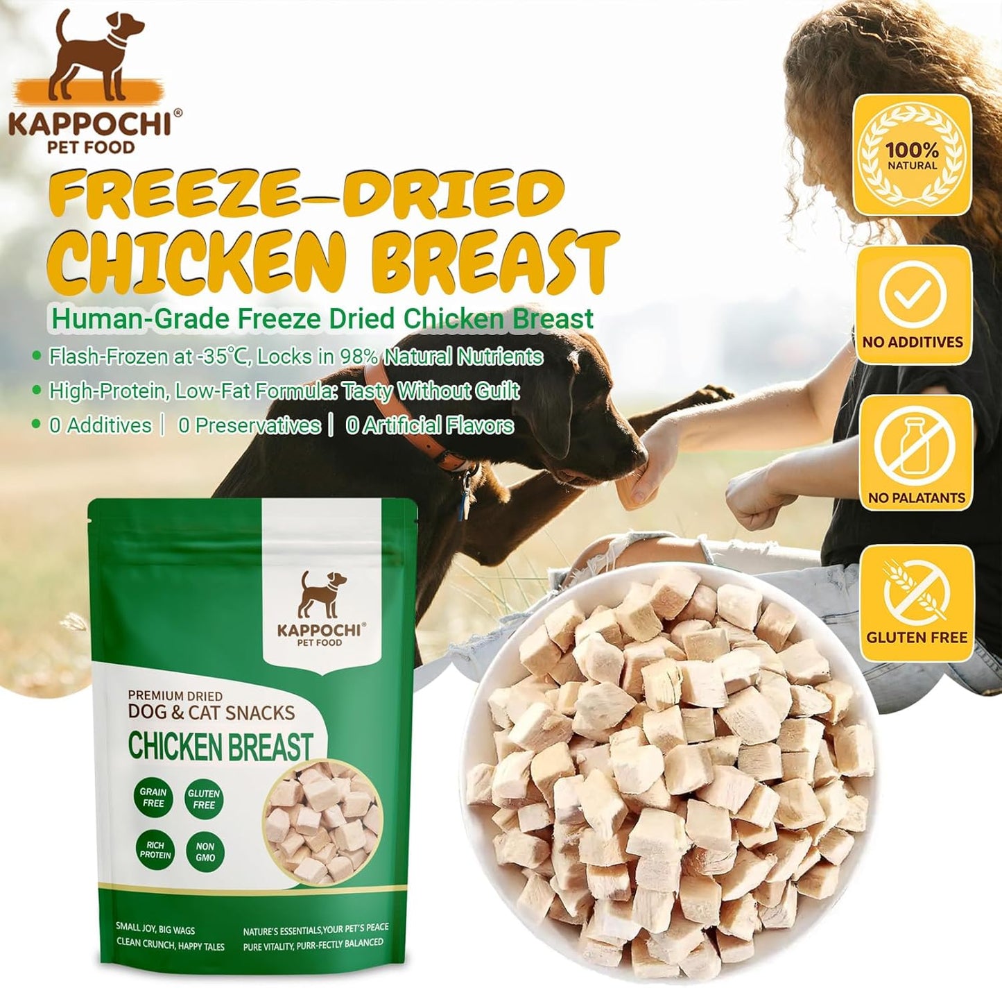 Freeze-Dried Chicken Breast Dog Treats, 3.5oz(100.0g), 100% Single Ingredient, Low Fat, High Protein Training Treats, Natural & Raw, No Additives, Grain Free, Gluten Free