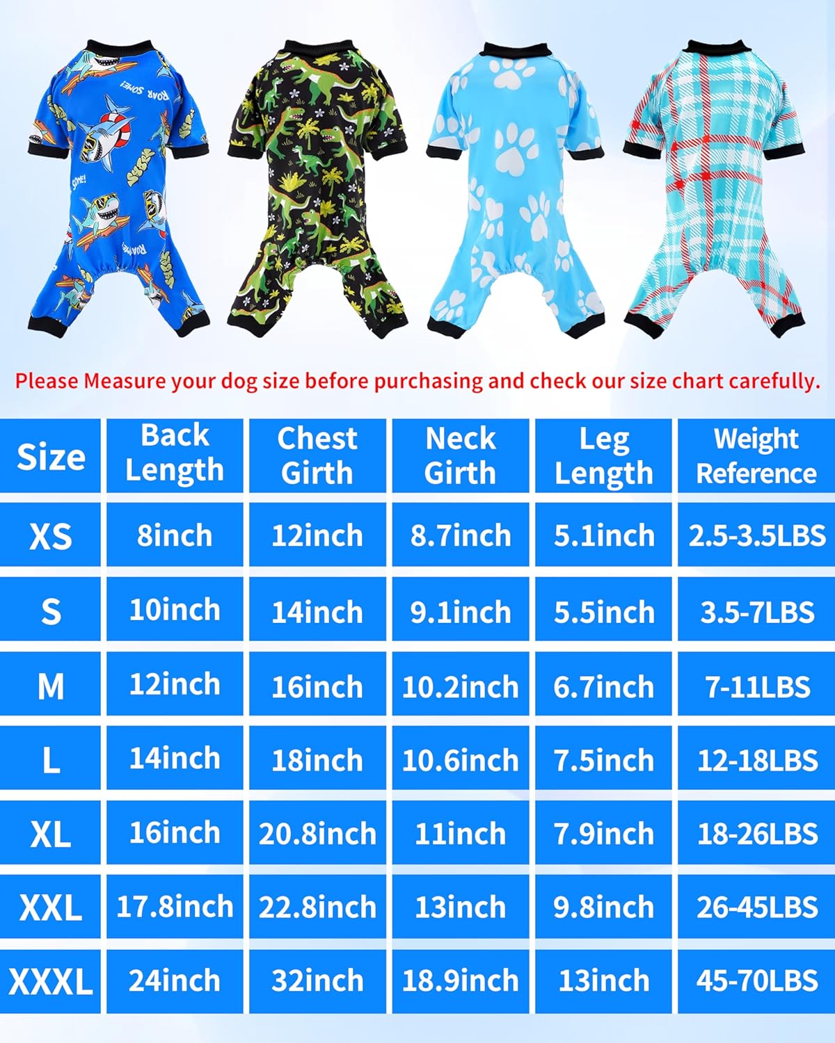 PET SHOW 4 Pack Dog Pajamas Dinosaur Shark for Small Medium Dogs Boy Soft Stretchy PJs Plaid Jumpsuit Dog Paw Onesies Outfits with Sleeve Pets Breathable Summer Clothes Costume XL