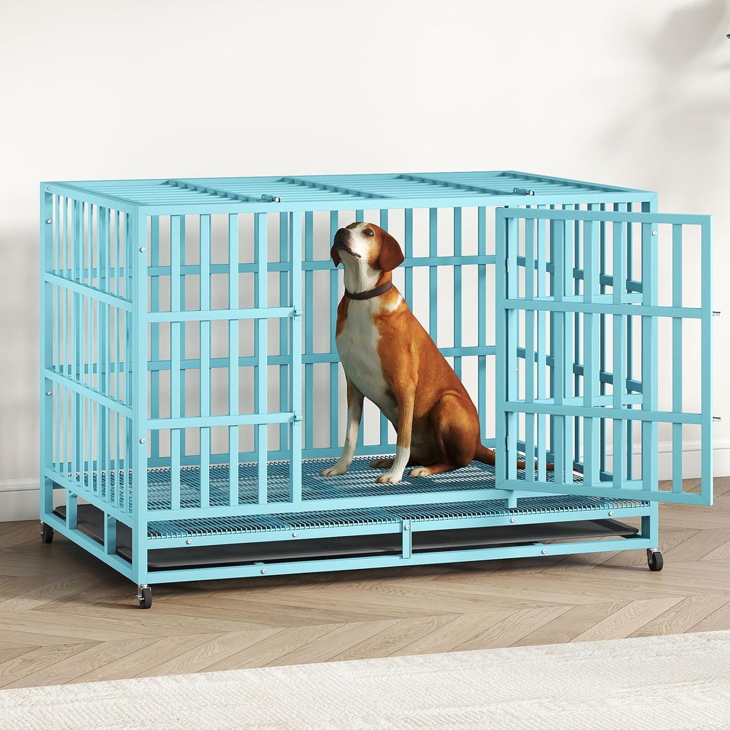 48IN Heavy Duty Dog Crate Steel Escape Proof, Indoor Double Door High Anxiety Cage Removable Tray, Extra Large,Blue