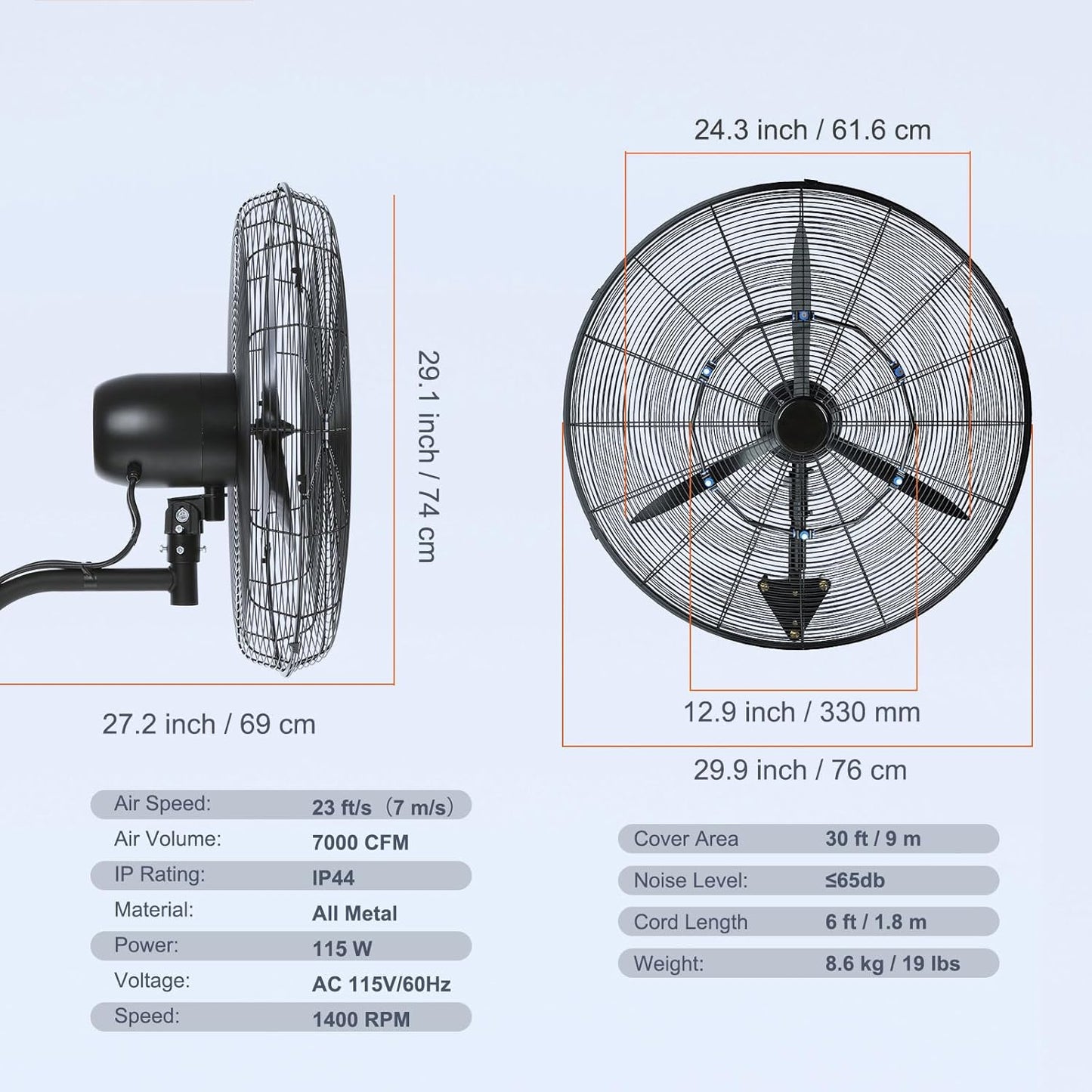 VEVOR 24 Inch 3-Speed 7000 CFM Black Waterproof Wall Mount Oscillating Fan