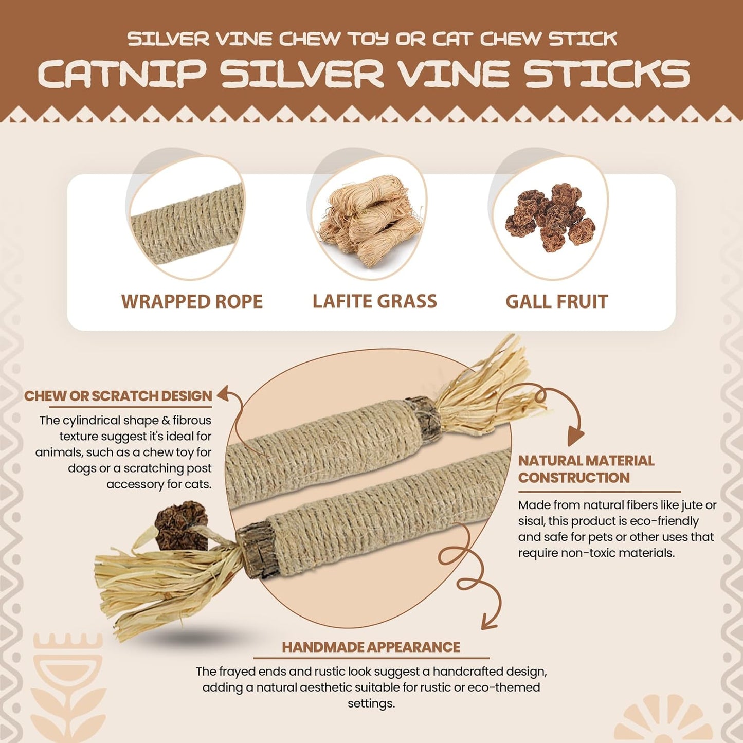 HUPA Catnip Silvervine Sticks | Anxiety Relief & Kitten Teeth Cleaning, Natural Silvervine with Raffia Grass for Healthy Teeth & Digestion | for Indoor Cats, All Ages & Breeds | 2 Sticks