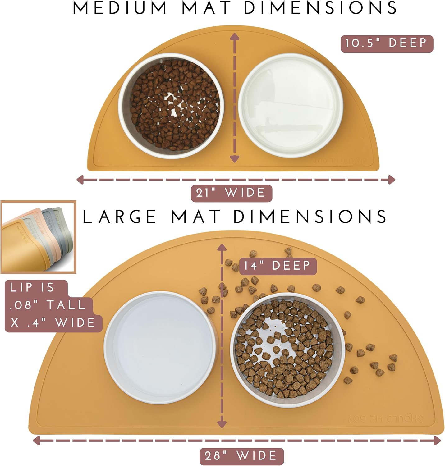 Waterproof Silicone Pet Food Mat - Non-Slip, Spill-Proof Feeding Mats for Floors, Raised Edge Design, Easy-to-Clean Rubber Mat for Dog & Cat Bowls, 21" Across x 10.5" Deep, Medium-Blush