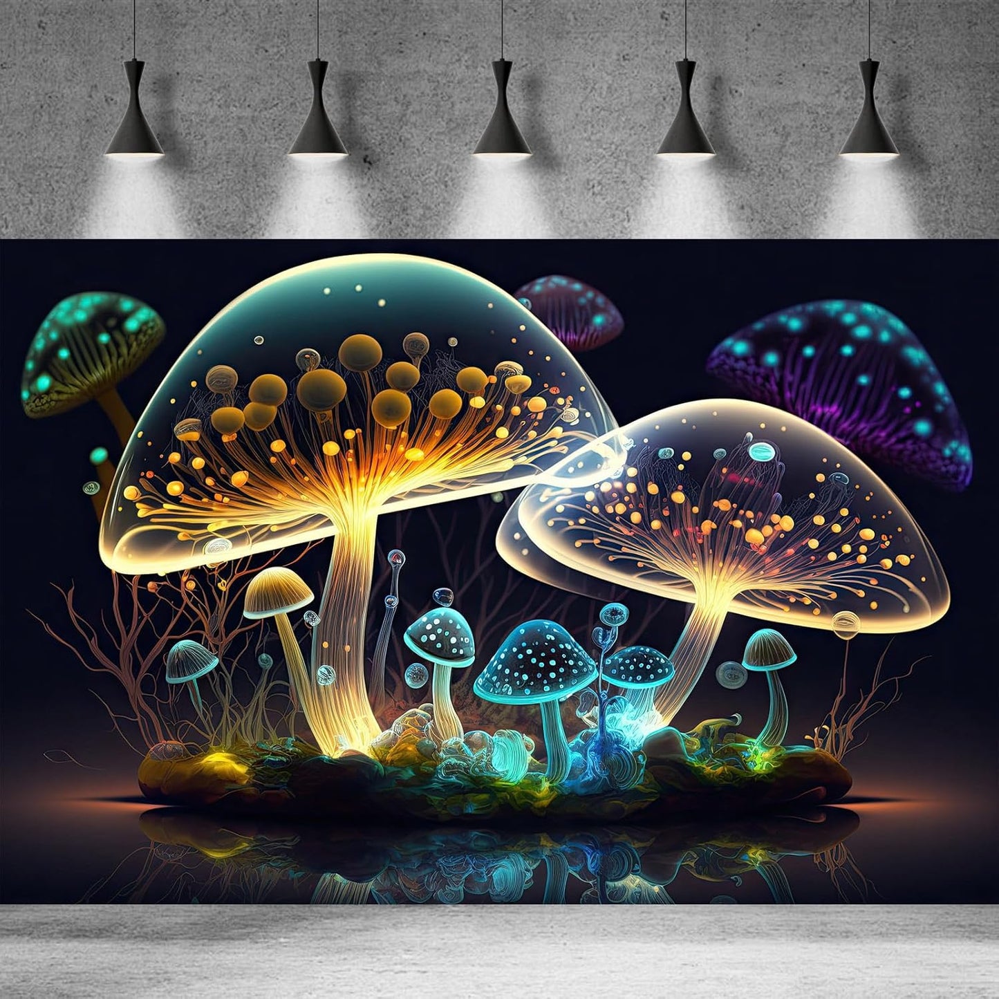 Mushroom Aquarium Background Abstract Glowing Fantasy Mushrooms Terrarium Background Mysterious Forest Magical Night In Circle Shape Crystal Glass Fish Tank Backdrop Decorations Vinyl 48x24in