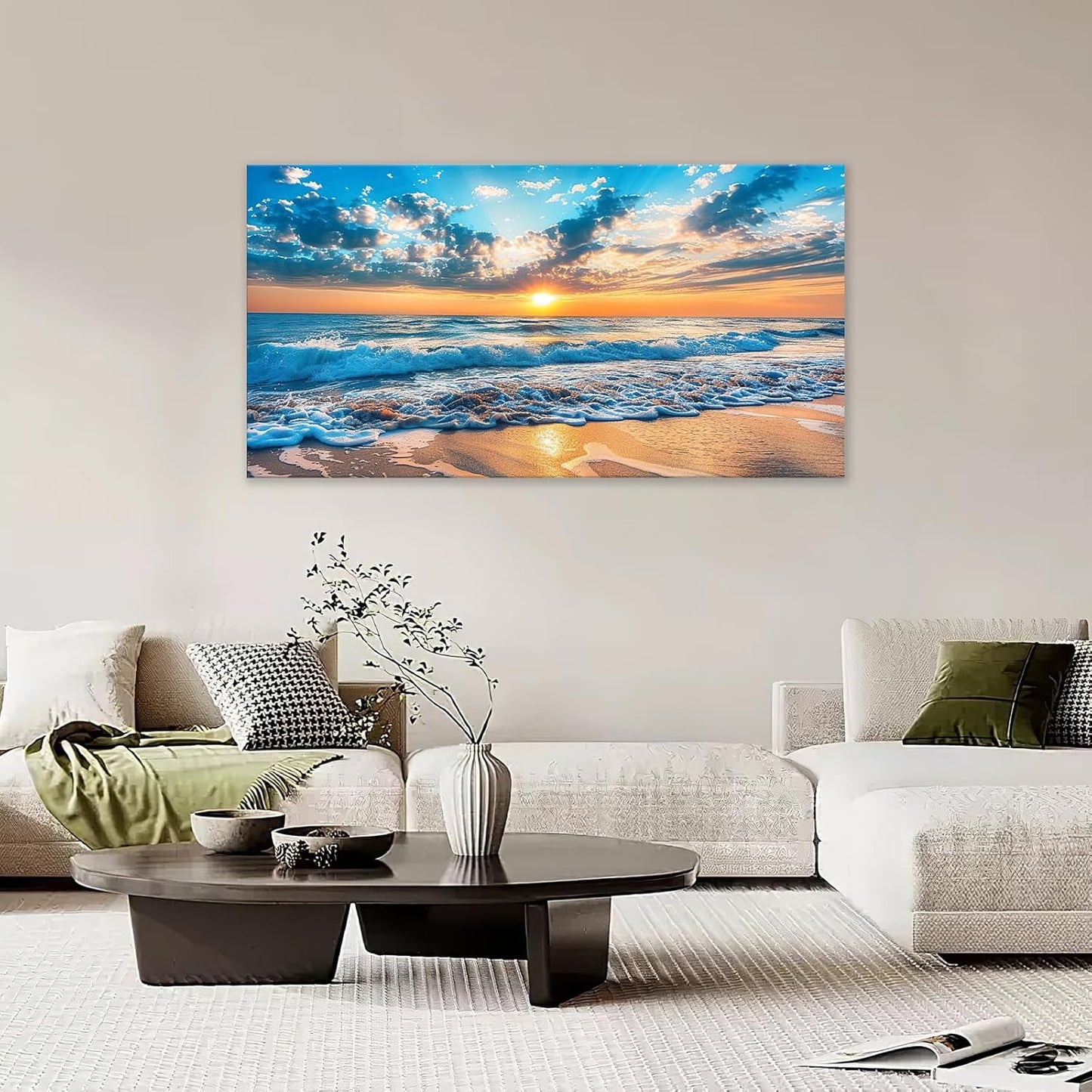Large Beach Wall Art for Living Room Beach Sunset Ocean Waves Art Big Space Size Framed Canvas Prints Blue Pictures Painting Artwork Office Bedroom Home Decor 60"x30"