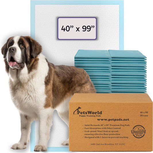 PETSWORLD Mega-Sized Dog Pee Pads (40" x 99") – 4XL Gigantic Pet Piddle Pads for Puppy Training, Incontinence – with Adhesive Sticky Tape – Leak Proof, 5-Layer Protection (10 Count)