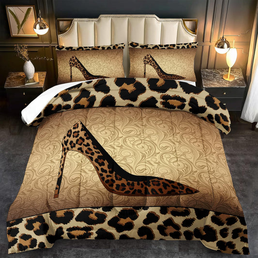 Leopard Comforter Set Full Girls,Sexy High Heel Comforter for Women,Leopard Print Bedding Set Full Adult,High Heel Quilt Bedroom Decor,African Animal Print Bedding Quilt