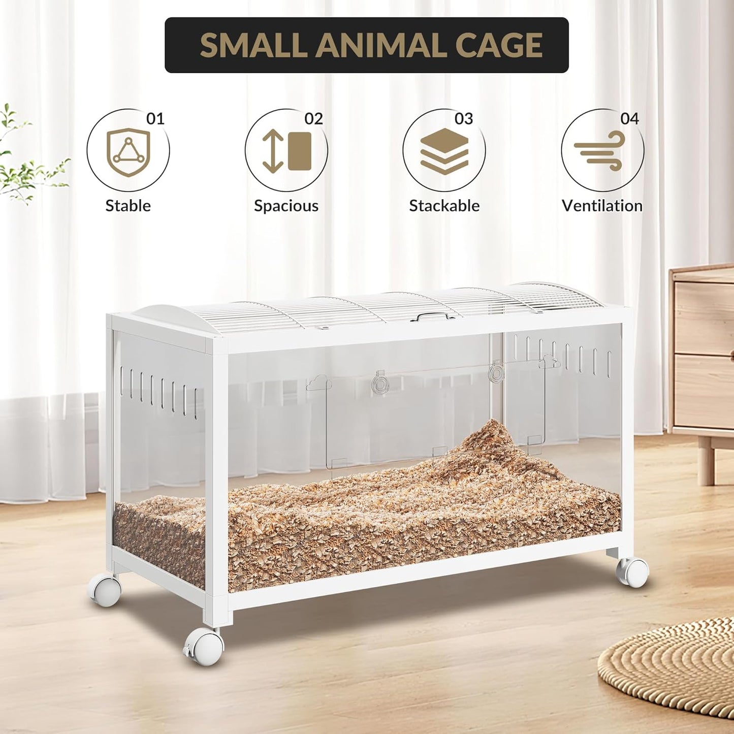 Large Metal Hamster Enclosure Rat Cage with 360 Viewing Acrylic Sides, Ventilated Front Door & Openable Top, Portable Hamster Tank for Guinea Pig, Chinchilla, Gerbil, 37.8''Lx18.5''Wx20''H White