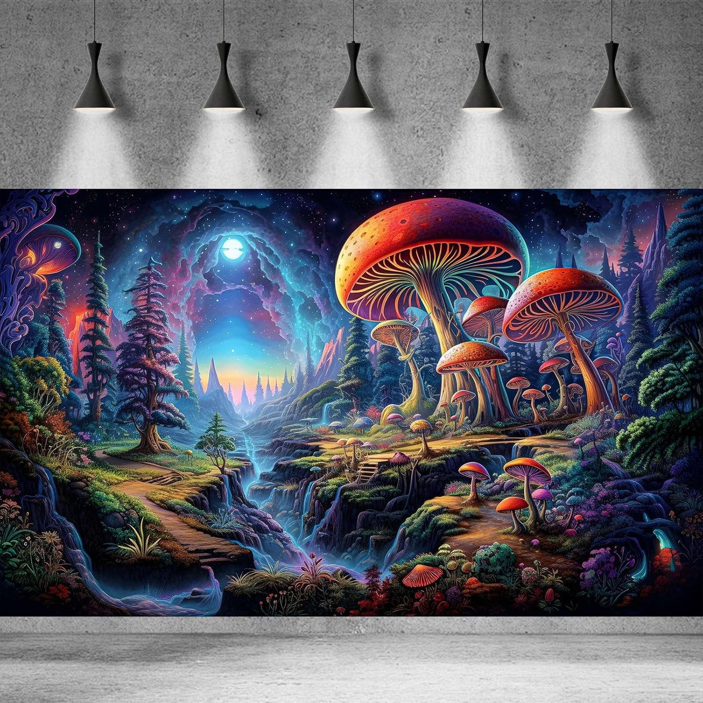 Forest Aquarium Background Fantastic Cartoon Forest Landscape with Mushrooms and Flowers Terrarium Background Fantasy Pine Tree Mysterious Mushroom Theme Fish Tank Backdrop Poster Decor 36x24in