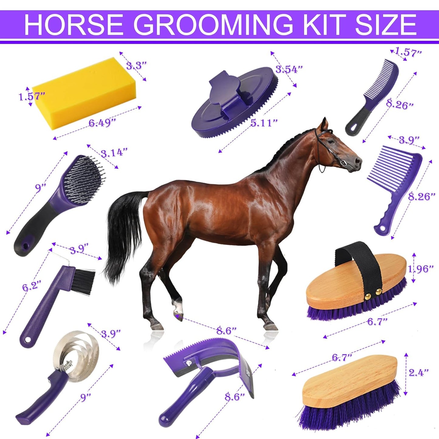 Horse Grooming Kit - 11 Piece Bathing Supplies with Organize Bag, Full Body Kit Including Sweat Scraper, Bath Sponge, Hoof Pick, Massage Comb (Purple)