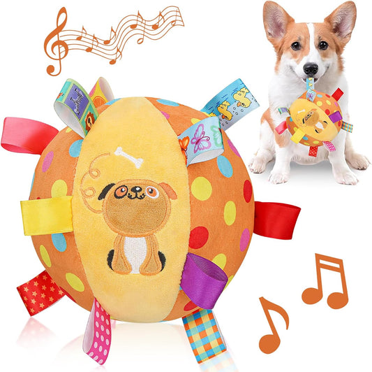 Dog Squeaky Plush Toy with Straps, 6-Inch Soft Stuffed Ball with Cotton Material and Bell Built-in, Pet Interactive Fetch Toy for Small to Large Dog