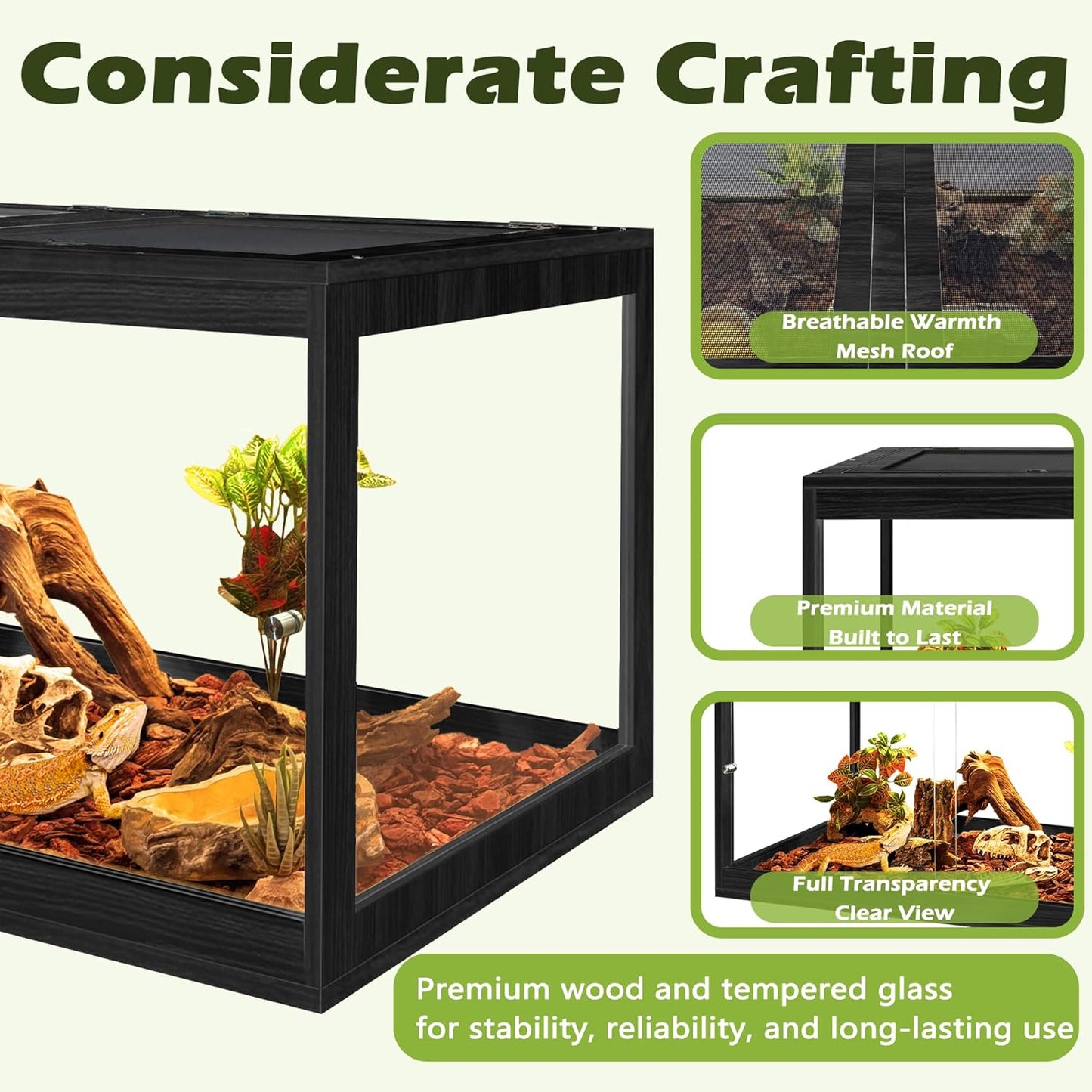 Prolee Tempered Glass Bearded Dragon Tank 81 Gallon,Reptile Encloure and Snake Tank with Metal Mesh Roof Door,Locking Design Reptile Tank for Lizard,Gecko,Chameleon (48"X20"X20",Black)