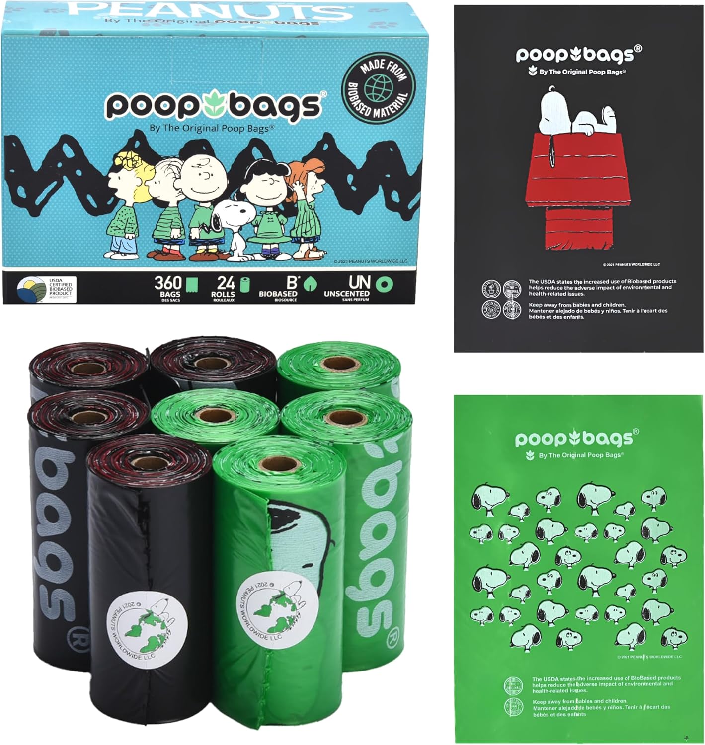 The Original Poop Bags® 38% USDA Biobased Pet Waste Bags, Peanuts Design, Leak-Resistant & Durable, Black/Green, 360 Count